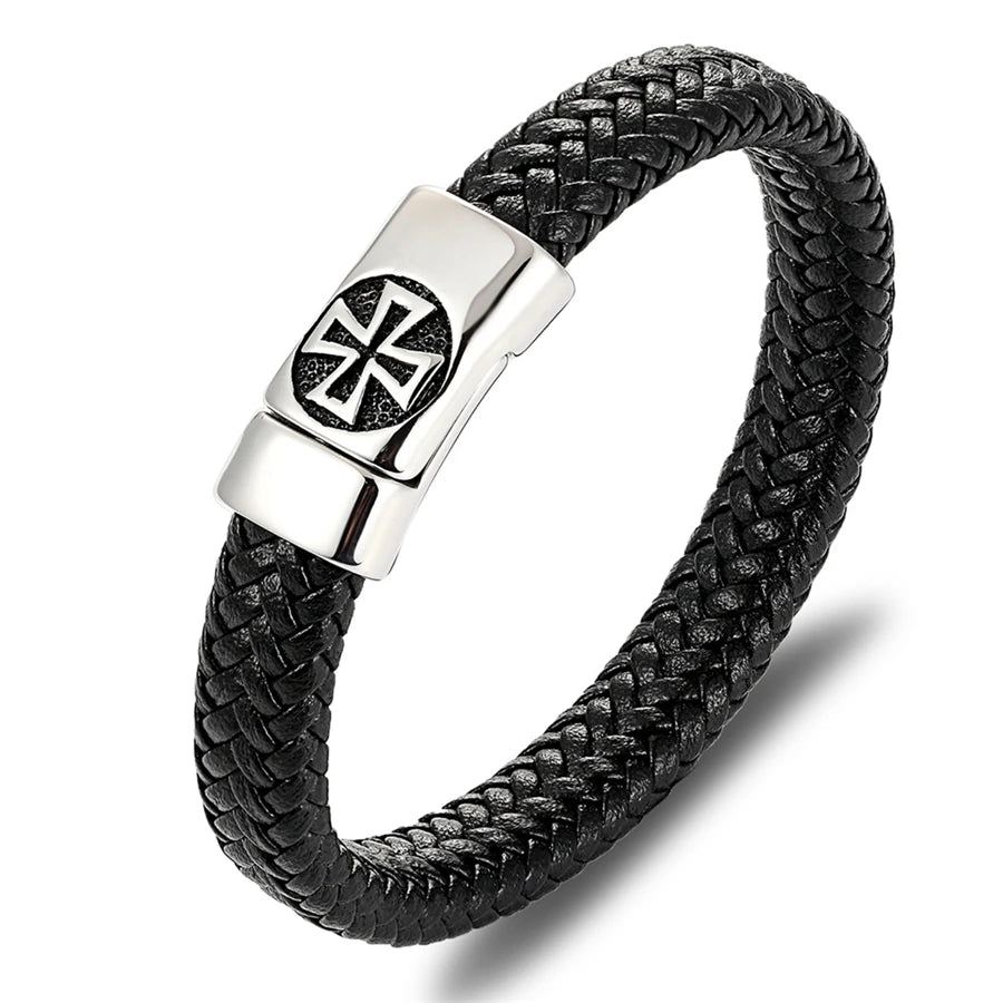 XQNI Black Color Cross Pattern Alloy Buckle Genuine Leather Bracelet For Men Stainless Steel Fine Jewelry Sculpture Bracelet