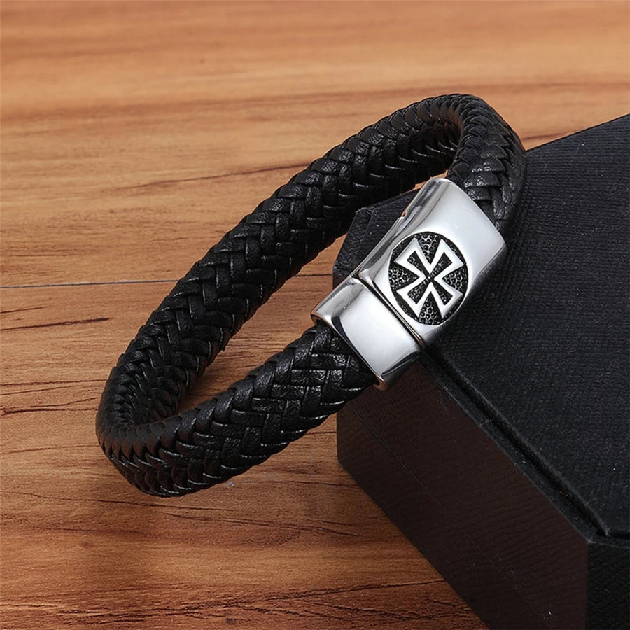 XQNI Black Color Cross Pattern Alloy Buckle Genuine Leather Bracelet For Men Stainless Steel Fine Jewelry Sculpture Bracelet