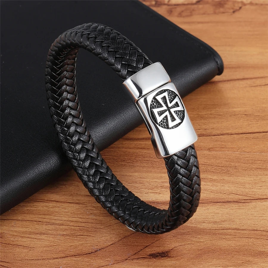 XQNI Black Color Cross Pattern Alloy Buckle Genuine Leather Bracelet For Men Stainless Steel Fine Jewelry Sculpture Bracelet