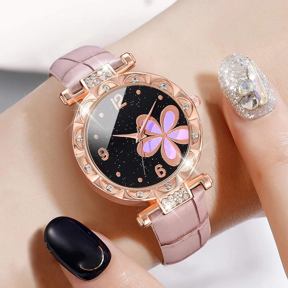 Ladies Quartz Watch 5PCS/Set Pink Flower Element Dial Wristwatch PU Leather Strap Watch Butterfly Jewelry Set Gift For Girls