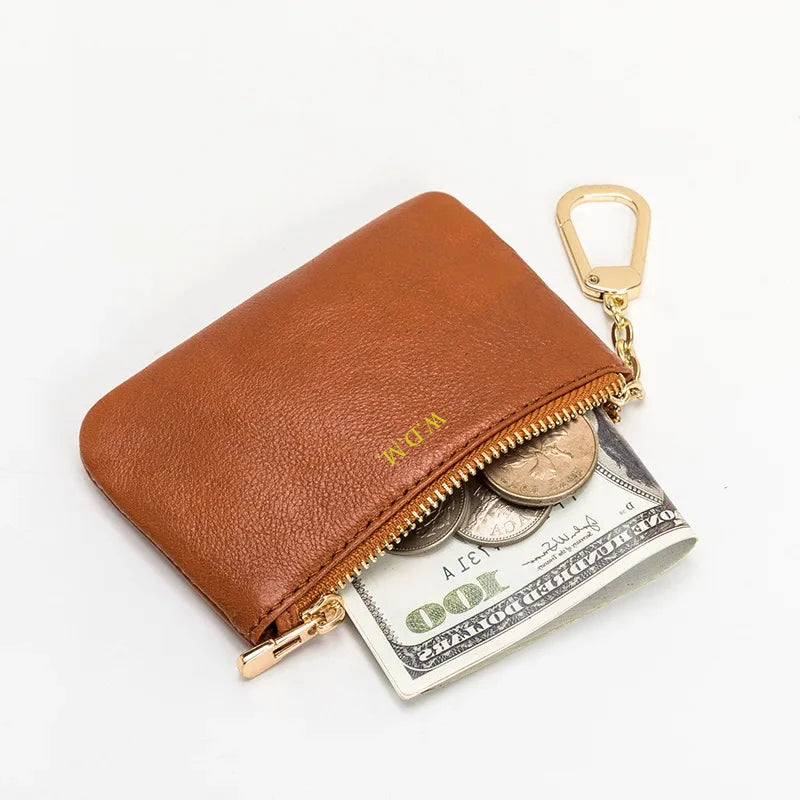 Custom Letters Vintage Women Genuine Leather Mini Wallet Coin Purse Ultra-thin Zipper Short Change Bag Small Organizer Bag