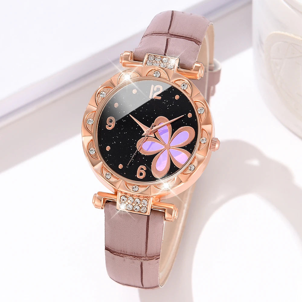 Ladies Quartz Watch 5PCS/Set Pink Flower Element Dial Wristwatch PU Leather Strap Watch Butterfly Jewelry Set Gift For Girls