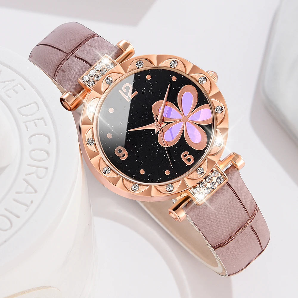 Ladies Quartz Watch 5PCS/Set Pink Flower Element Dial Wristwatch PU Leather Strap Watch Butterfly Jewelry Set Gift For Girls