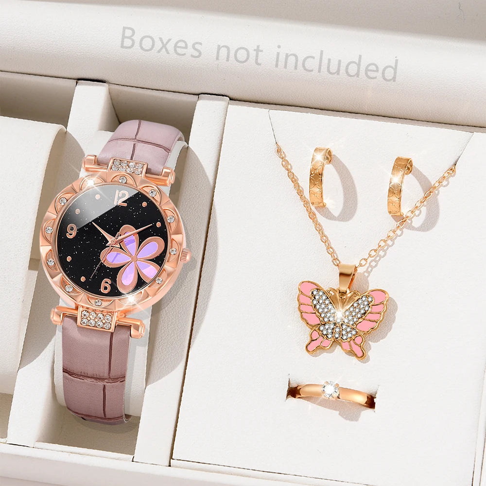 Ladies Quartz Watch 5PCS/Set Pink Flower Element Dial Wristwatch PU Leather Strap Watch Butterfly Jewelry Set Gift For Girls