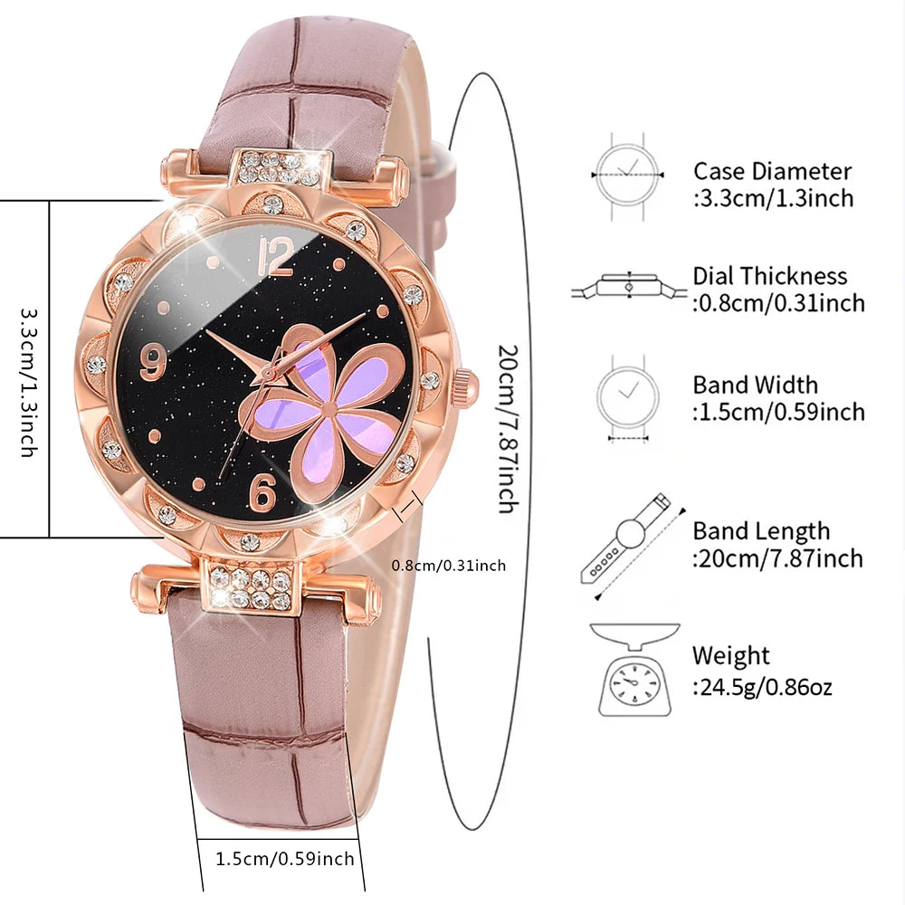 Ladies Quartz Watch 5PCS/Set Pink Flower Element Dial Wristwatch PU Leather Strap Watch Butterfly Jewelry Set Gift For Girls